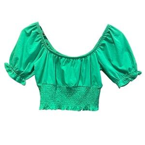 Topshop Green Shirred Waist Puff Short Sleeve Crop Top Size 6 New